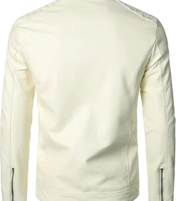 Classic Beige Men’s Leather Jacket For Bikers Stand Collar