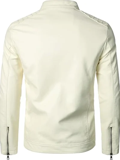 Classic Beige Men’s Leather Jacket For Bikers Stand Collar