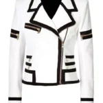 Classic Black and White Multi Pocket Leather Biker Jacket