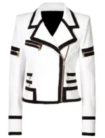 Classic Black and White Multi Pocket Leather Biker Jacket