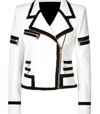 Classic Black and White Multi Pocket Leather Biker Jacket