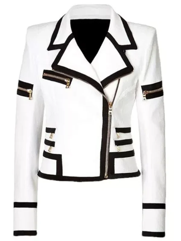 Classic Black and White Multi Pocket Leather Biker Jacket