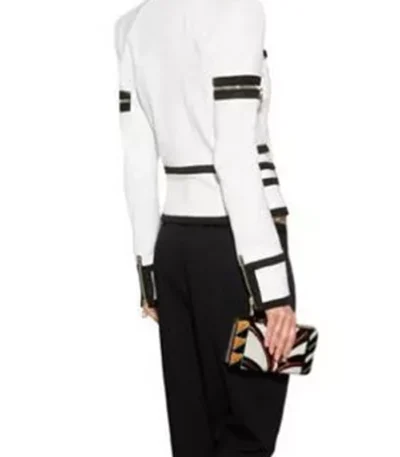 Classic Black and White Multi Pocket Leather Biker Jacket