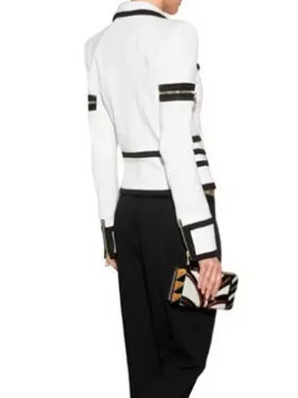 Classic Black and White Multi Pocket Leather Biker Jacket