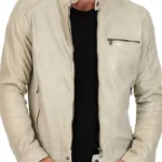 Classic Mens Cafe Racer Motorcycle Beige Leather Jacket