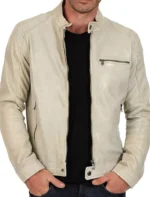 Classic Mens Cafe Racer Motorcycle Beige Leather Jacket