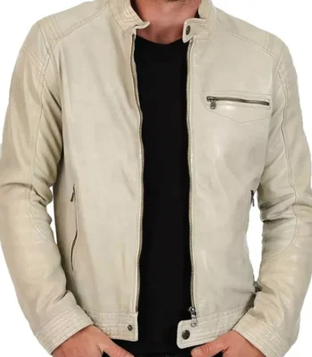 Classic Mens Cafe Racer Motorcycle Beige Leather Jacket