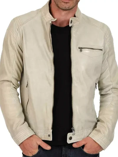 Classic Mens Cafe Racer Motorcycle Beige Leather Jacket