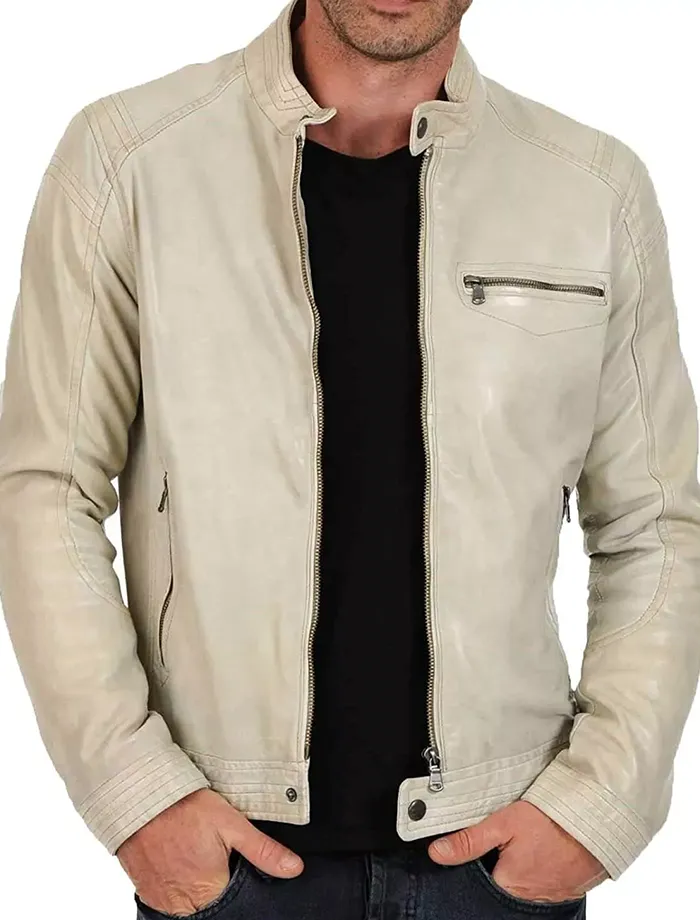 Classic Mens Cafe Racer Motorcycle Beige Leather Jacket Classic Mens Cafe Racer Motorcycle Beige Leather Jacket