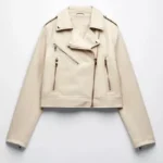 Classic Vintage Moto Lapel Style Collar Beige Real Leather Jacket