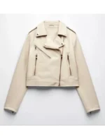 Classic Vintage Moto Lapel Style Collar Beige Real Leather Jacket