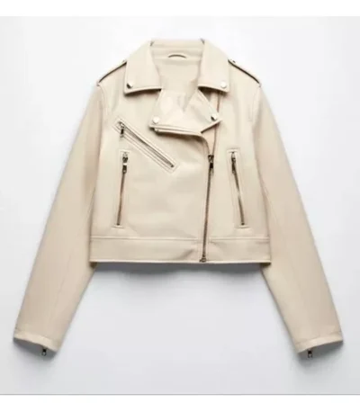 Classic Vintage Moto Lapel Style Collar Beige Real Leather Jacket