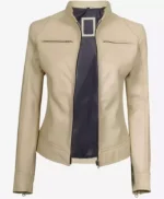 Dodge Beige Women’s Cafe Racer Leather Jacket