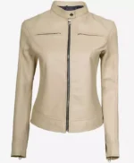 Dodge Beige Women’s Cafe Racer Leather Jacket