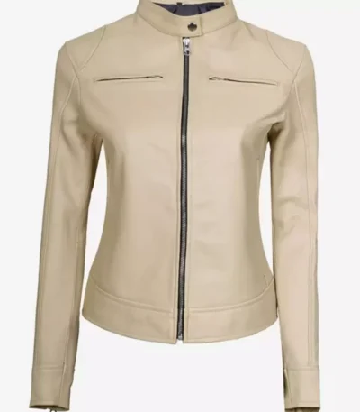 Dodge Beige Women’s Cafe Racer Leather Jacket