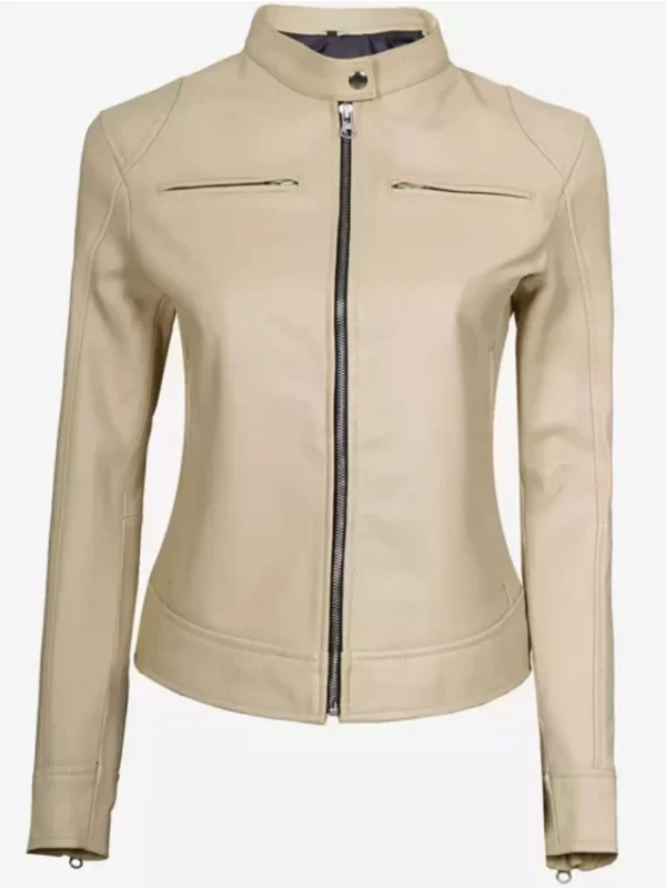Dodge Beige Women’s Cafe Racer Leather Jacket