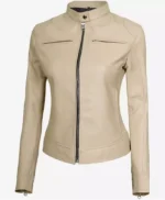 Dodge Beige Women’s Cafe Racer Leather Jacket