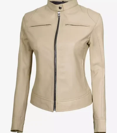 Dodge Beige Women’s Cafe Racer Leather Jacket