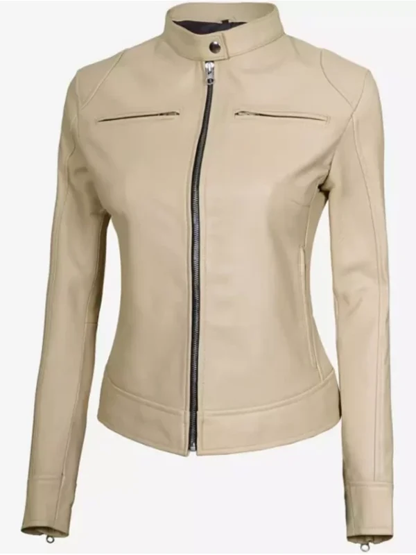 Dodge Beige Women’s Cafe Racer Leather Jacket