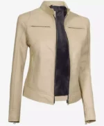 Dodge Beige Women’s Cafe Racer Leather Jacket