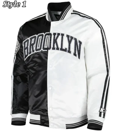 Fast Break Brooklyn Nets Black and White Satin Jacket