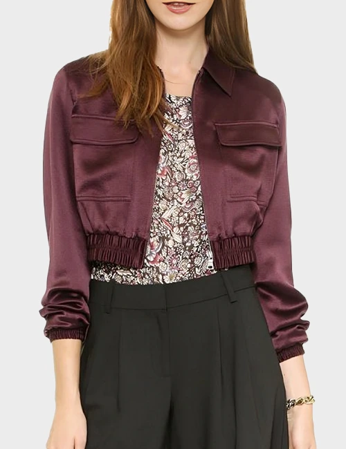 Felicity Smoak Arrow Cropped Satin Bomber Jacket Felicity Smoak Arrow Cropped Satin Bomber Jacket