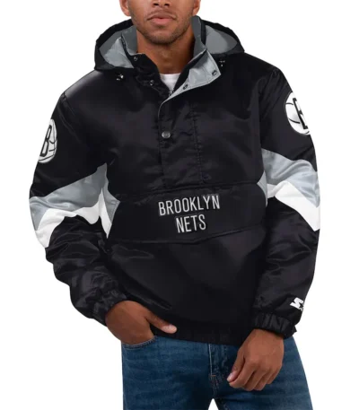Force Play Brooklyn Nets Black Hoodie Half-Zip Satin Jacket