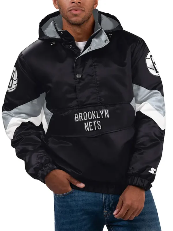 Force Play Brooklyn Nets Black Hoodie Half-Zip Satin Jacket