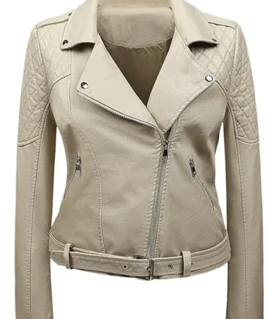 Genuine Cafe Racer Motorcycle Beige Leather Jacket Womens