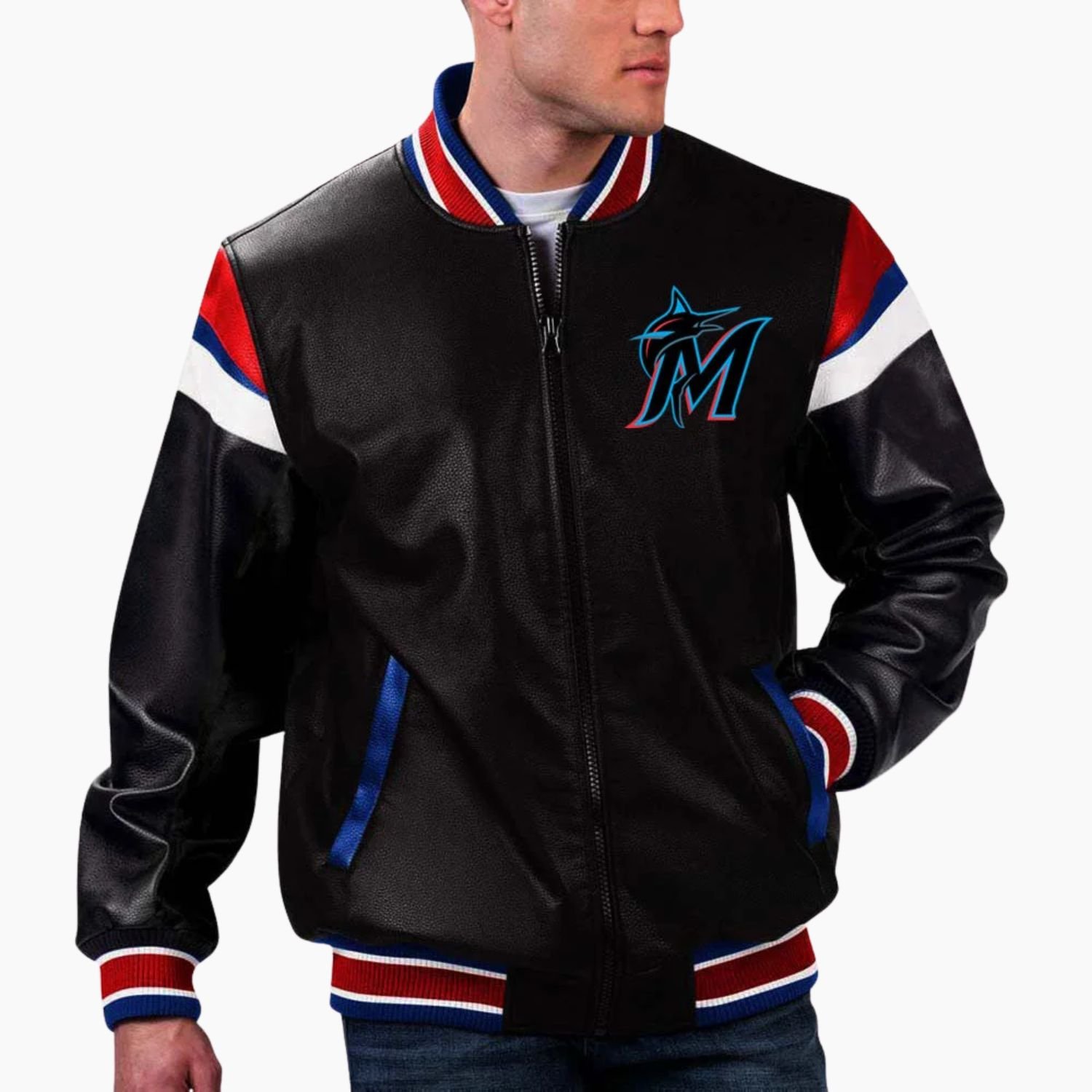 MLB Miami Marlins Varsity Leather Jacket MLB Miami Marlins Varsity Leather Jacket