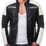 Mens Black and White Cafe Racer Zipper Leather Jacket