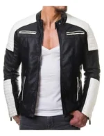 Mens Black and White Cafe Racer Zipper Leather Jacket