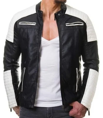 Mens Black and White Cafe Racer Zipper Leather Jacket