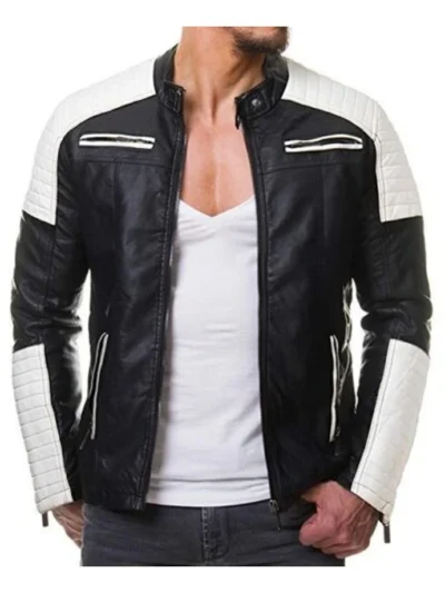 Mens Black and White Cafe Racer Zipper Leather Jacket