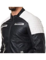 Mens Black and White Cafe Racer Zipper Leather Jacket