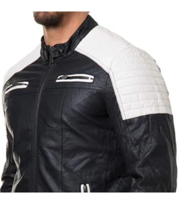 Mens Black and White Cafe Racer Zipper Leather Jacket