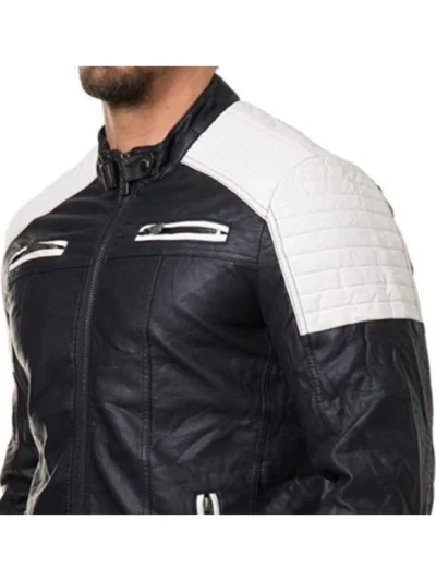 Mens Black and White Cafe Racer Zipper Leather Jacket