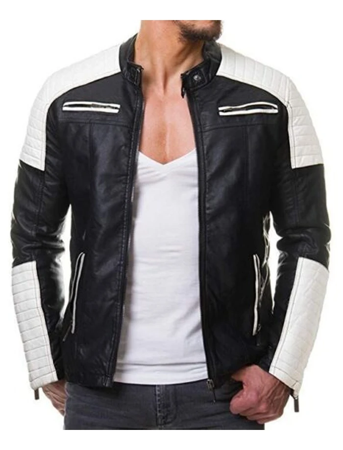 Mens Black and White Cafe Racer Zipper Leather Jacket Mens Black and White Cafe Racer Zipper Leather Jacket