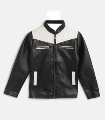 Mens Black and White Quilted Cafe Racer Zipper Leather Jacket