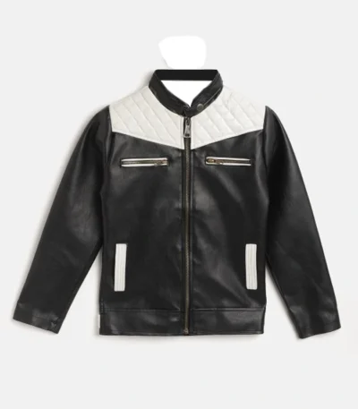 Mens Black and White Quilted Cafe Racer Zipper Leather Jacket