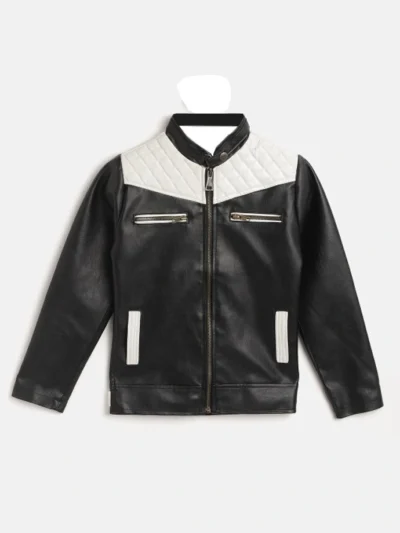 Mens Black and White Quilted Cafe Racer Zipper Leather Jacket