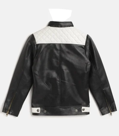 Mens Black and White Quilted Cafe Racer Zipper Leather Jacket