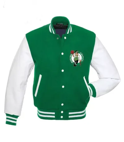 Mens Letterman Boston Celtics Green And White Varsity Bomber Jacket