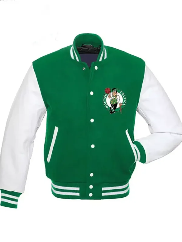 Mens Letterman Boston Celtics Green And White Varsity Bomber Jacket