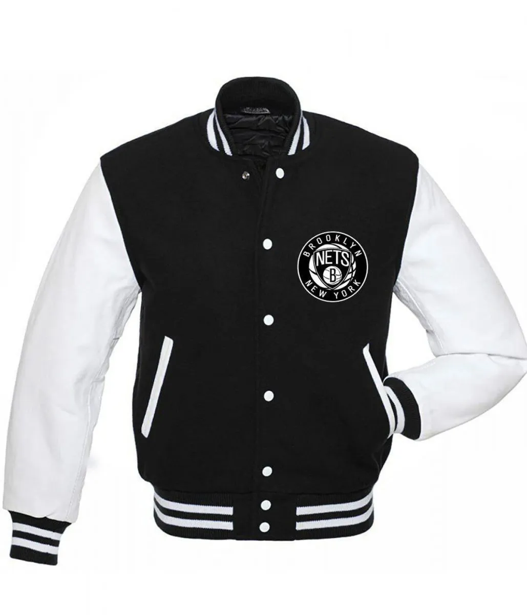 NBA Brooklyn Nets Letterman Black and White Jacket NBA Brooklyn Nets Letterman Black and White Jacket