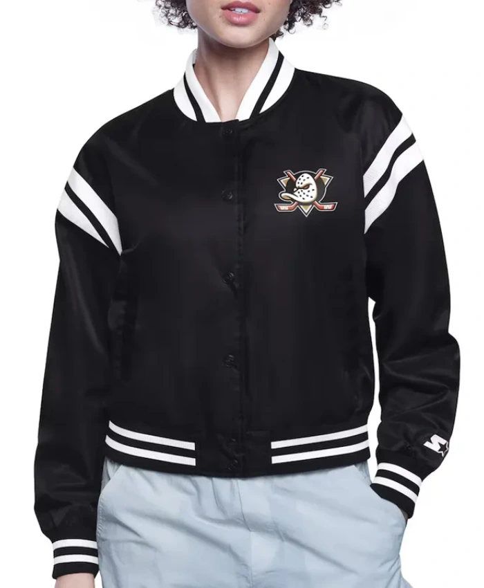 Printed Logo Anaheim Ducks Varsity Satin Jacket Printed Logo Anaheim Ducks Varsity Satin Jacket