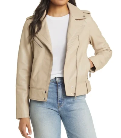 Stylish Women’s Beige Moto Leather Jacket