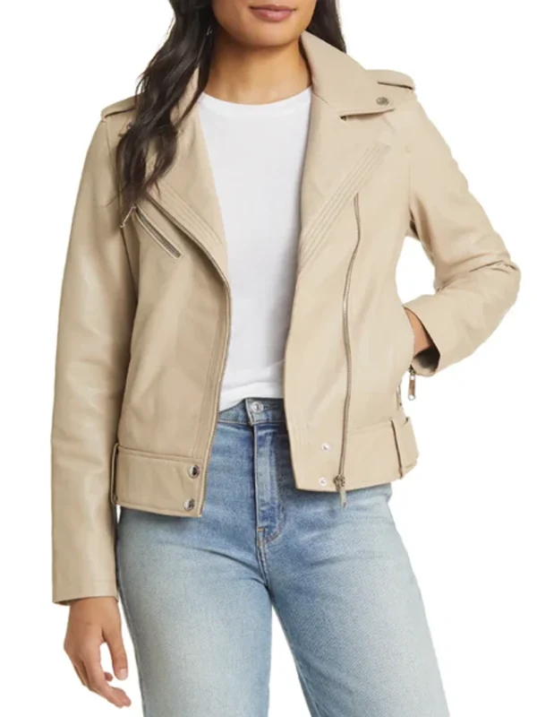 Stylish Women’s Beige Moto Leather Jacket