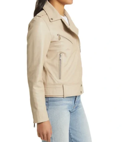 Stylish Women’s Beige Moto Leather Jacket