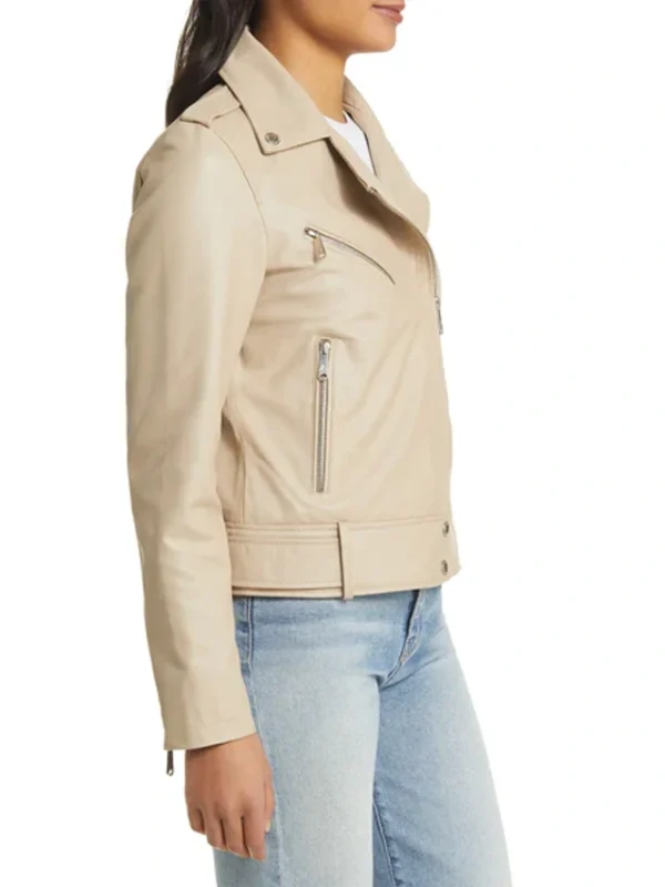 Stylish Women’s Beige Moto Leather Jacket